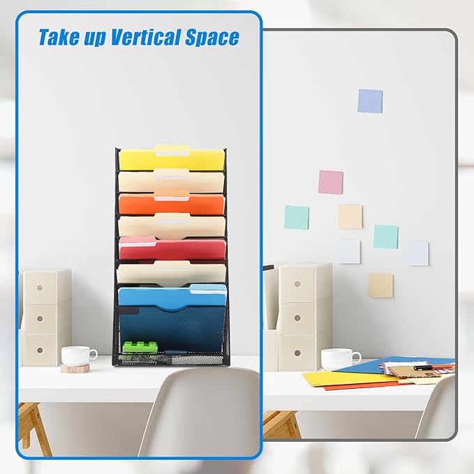 EASEPRES Desk File Organizer Mesh 9-Tier, Hanging Wall Mount Document Organization Stand, Desktop Vertical Mail Paper Folder Holder Rack with Bottom Tray for Office Home Cubicle Countertop, Black