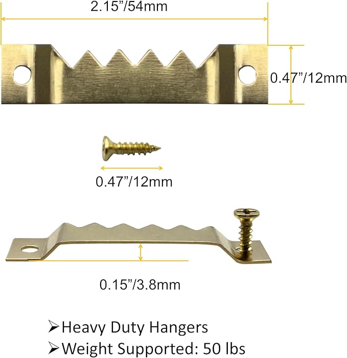 50 Pack Large Sawtooth Picture Hangers Steel Picture Hangers Picture Frames Hangers with Screws Picture Hang Solutions, for Hanging Clock Paintings Artwork Picture Frame Hook Photos (Gold)