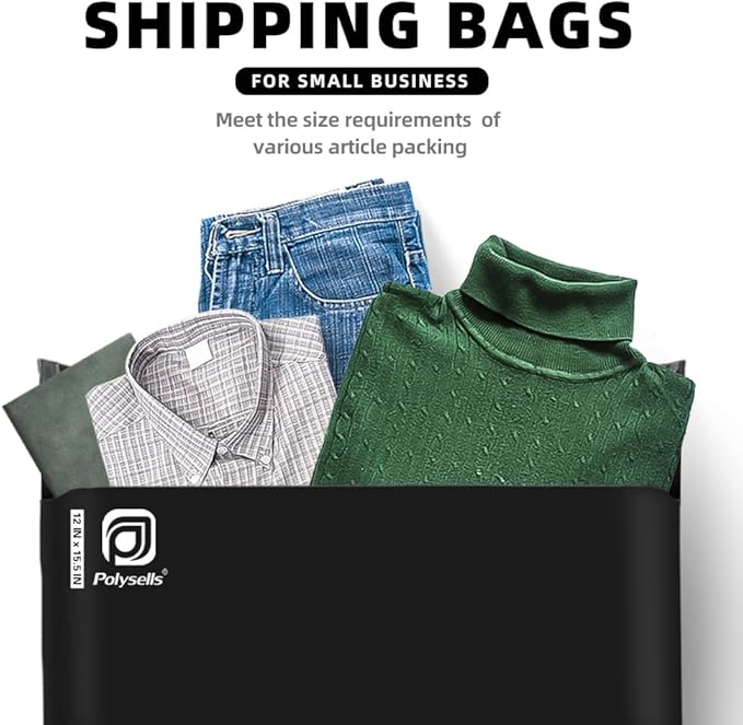 POLYSELLS 500 pcs 12x15.5 Inches Black Poly Mailers Shipping Envelopes, Strong Adhesive Sealing, Waterproof, and Tear-resistant Postal Mailing Bags for Clothing, Books, and Accessories