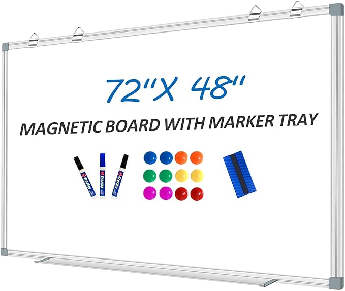 White Board Dry Erase Whiteboard for Wall 72" x 48" Aluminum Presentation Magnetic Whiteboards with 4 Hooks, 12 Magnets, 3 Markers & 1 Eraser
