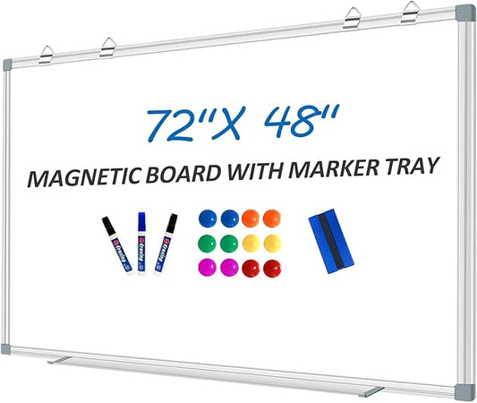 White Board Dry Erase Whiteboard for Wall 72" x 48" Aluminum Presentation Magnetic Whiteboards with 4 Hooks, 12 Magnets, 3 Markers & 1 Eraser