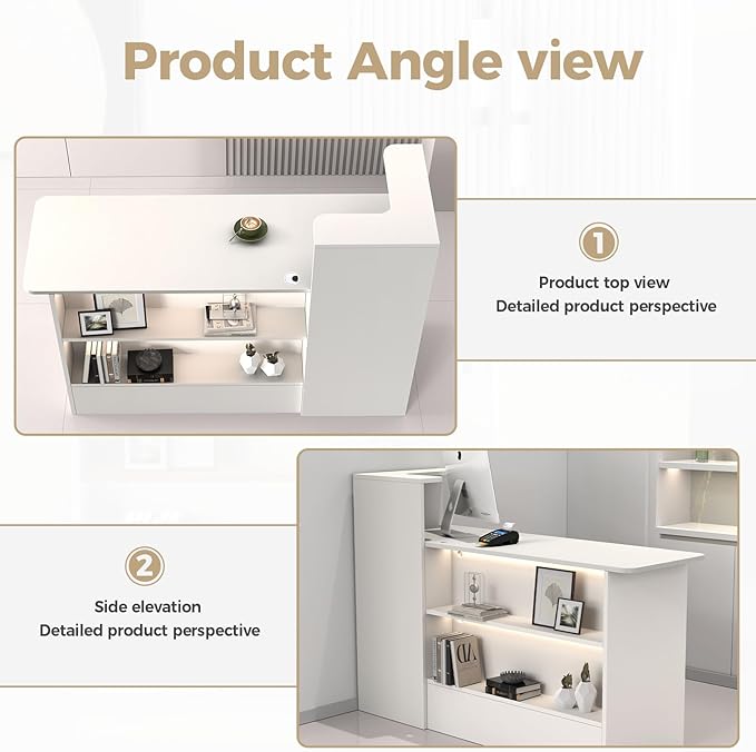 Modern Reception Desk with LED Lights - 59" Front Desk Reception Counter with Dual Display Shelves & Hidden Cable Management, Lockable Drawer & Storage Cabinet for Office, Salon, Spa, Retail, Left