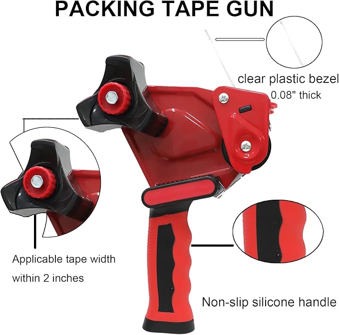 WELSTIK 2 Pack Red Non-Slip Silicone Handle Packing Tape Dispenser Gun 2 Inch -Heavy Duty Sealing Tape Cutter for Shipping, Carton and Box Sealing, Easy Operation