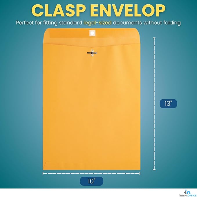 1InTheOffice Clasp Envelopes 10x13, Catalog Envelopes, Heavy-duty Clasp and Gummed Closure, Brown Kraft, 100/Pack