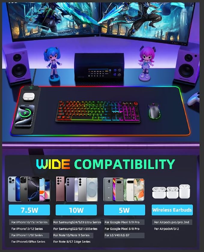 Upgraded Mouse Pad with Wireless Charging, RGB Gaming Desk Mat, 31.5"x15.7" Large XXL Desk Pad, 15 Light Modes, Ultra-Smooth Surface, Non-Slip Mouse Mat, Waterproof Computer Keyboard Pad, Black