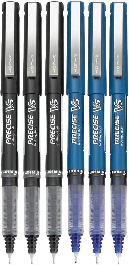Precise V5 Stick Rolling Ball Pens, Extra Fine Point (.5mm), Assorted Colors Black/Blue Ink, 6-pk; Bundle with Plastic Reusable Pouch
