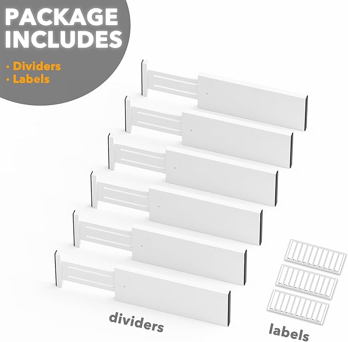 SpaceAid Bamboo Dresser Drawer Dividers 6 Pack, 4.65“ High Adjustable 12.5“-17” Drawer Organizers, Expandable Organization for Clothing, Clothes, Dressers, White