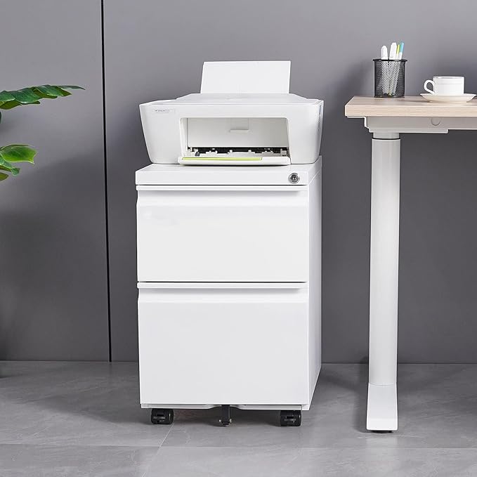 SISESOL 2 Drawer File Cabinet with Lock and Wheels,White Rolling File Cabinets,Locking Mobile Metal Filing Cabinet for Home Office,Under Desk,Fit A4/Letter/Legal File, Easy Assembly