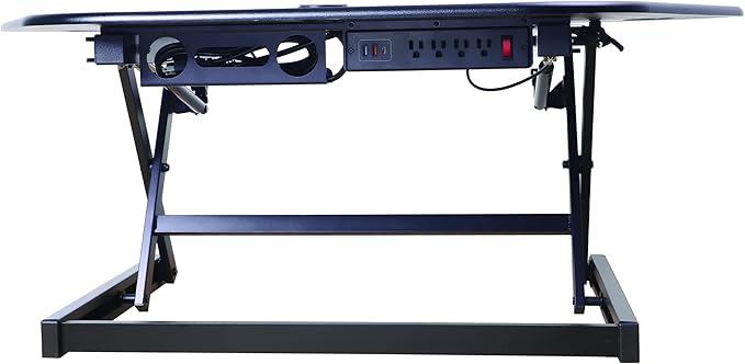 Rocelco 46" Height Adjustable Corner Standing Desk Converter with AC Outlet USB Charger and Anti-Fatigue Floor Mat - Sit Stand Up Tabletop Riser - Keyboard Tray - Black (R CADRB-46-ACUSB-MAFM)