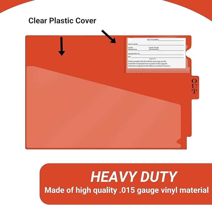 Doctor Stuff - Center Tab Vinyl Outguides, Diagonal Cut Front Pocket, Top Charge Out Slip Pocket, Plastic File Folder, Letter Size 9" x 13-1/4", Orange, 50/Box