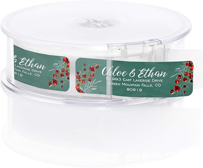 Pine and Berry Rolled Address Labels/Roll of 500 Personalized Return Address Labels/Designer Return Address Stickers in Elegant Plastic Dispenser