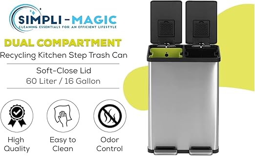 SIMPLI-MAGIC 16 Gallon (38L x 22L) Dual Compartment Step Trash Can – Kitchen Garbage Can with Waste & Recycling Bins – Slow-Close Lid, Odor Control, Hands-Free, Inner Bases, Brushed Stainless Steel