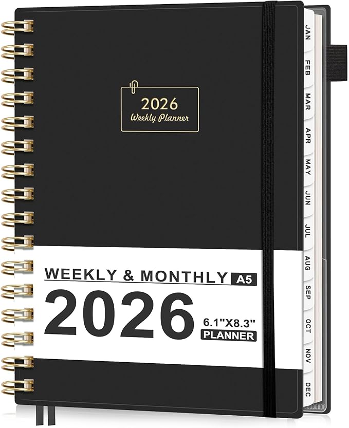 AHGXG 2026 Planner, Weekly and Monthly, Jan 2026 - Dec 2026, 12 Months, 2026 Calendar Planner Book with Tabs for Men Women School Home Office Supplies, A5 (6" X 8.38"), Black