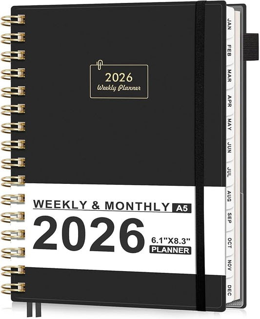 AHGXG 2026 Planner, Weekly and Monthly, Jan 2026 - Dec 2026, 12 Months, 2026 Calendar Planner Book with Tabs for Men Women School Home Office Supplies, A5 (6" X 8.38"), Black
