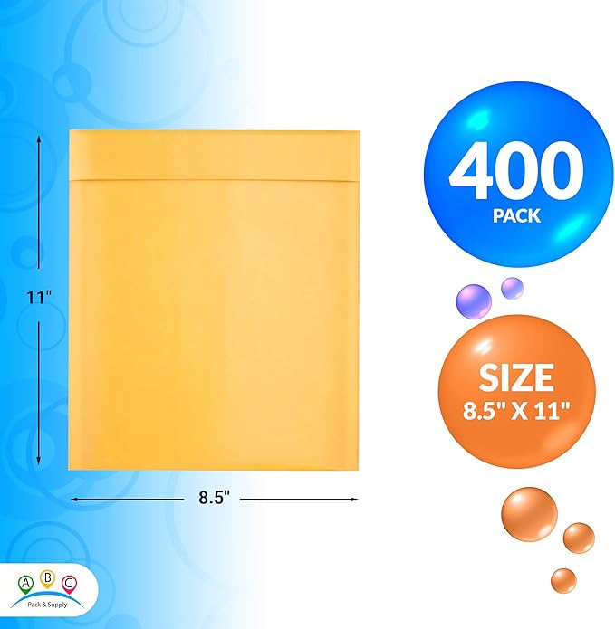 ABC PACK & SUPPLY Yellow Kraft Bubble Mailer Envelopes, 8.5 x 11 Inches. 400 Pack Mail Padded Envelopes Self Seal. Kraft Bubble Mailers. Tear-Resistant Mailing Envelope Padded. Sturdy Paper Mailer