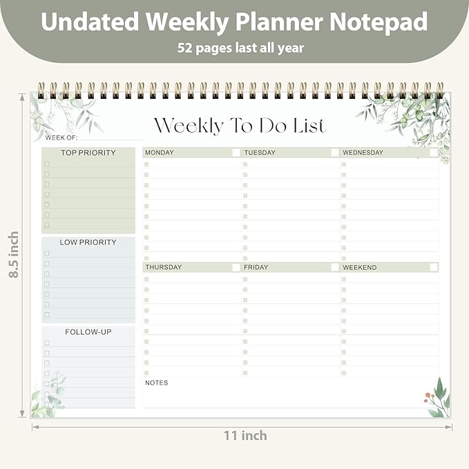 Weekly To Do List Notepad, Undated Planner with 52 Sheets (8.5''x11''), Desk Weekly Planner for Women & Man, Home School & Work