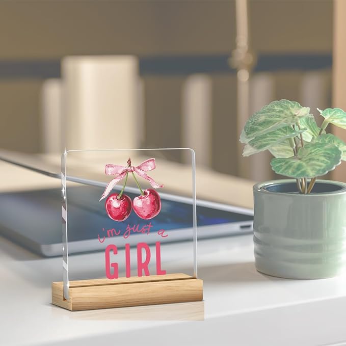 Preppy Coquette Cherry Gifts Pink Girl Room Decor for Cherry Lover Bow Sign Acrylic Sign Plaque Table Decorations for Home Farmhouse Bedroom