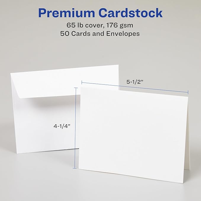 Avery Printable Note Cards with Envelopes, 4.25" x 5.5", Textured White, 50 Blank Note Cards for Inkjet Printers (03379)