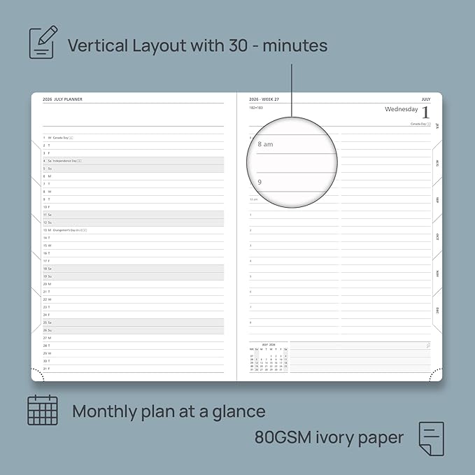 POPRUN 2026 Daily Planner One Page Per Day Even Weekends A4 Large Size (8.5" x 12") - 12 Months Calendar Hourly Appointment Book with Inner Pocket, Pen Holder, Hardcover - Haze Blue