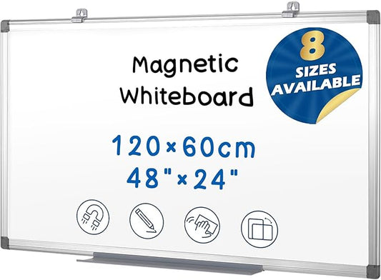 SWANCROWN Magnetic Dry Erase Board 48 x 24 Inches - Large White Board, Silver Aluminum Frame, 4' x 2' Writing Whiteboard for Walls, Home Office, School, Studio