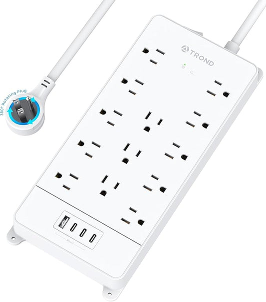 TROND 360° Rotating Flat Plug, Surge Protector Power Strip, 13AC Widely Spaced Outlets Expansion with 3 USB C Ports, 4000J, 5ft Extension Cord Heavy Duty, Wall Mount, Under Desk, ETL Listed, White