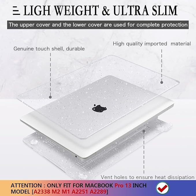 CISSOOK Clear Glitter Case for MacBook Pro 13 Inch 2020-2025 Release A2338 A2251 A2289, Plastic Bling Hard Shell Case with Keyboard Cover for MacBook Pro 13 M1 M2 Sparkly