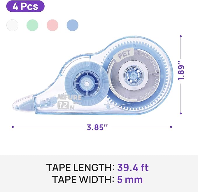 4 Pcs Colorful Core Correction Tape, 39.37 Ft White Wrong Out Tear-Resistant Bulk, Instant Corrections Easy to Use Applicator for School, Office, Note Taking, Journal (Tape Width 0.2 in)