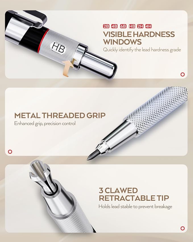 Nicpro 35PCS Art Mechanical Pencil Set, 3 PCS Metal Drafting Pencil 0.5 mm & 0.7 mm & 0.9 mm & 3 PCS 2mm Lead Holder (6B 4B 2B HB 2H 4H Colors) For Sketching Drawing With 20 Tube Lead Refills Case