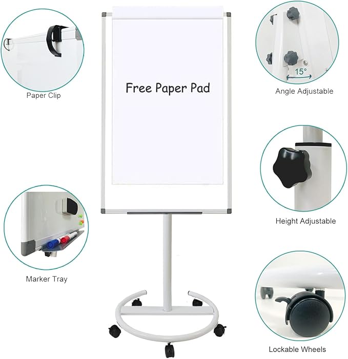 BIBOC Mobile Dry Erase Board – 40x28 inches Magnetic Portable Whiteboard Stand Adjustable Easel White Board Flipchart Easel Board with 25 Sheets Paper Pad 1 Eraser, 2Markers