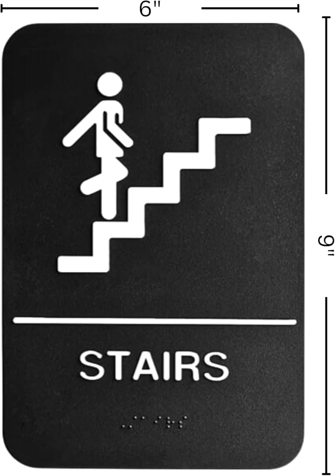 ADA Stairs Sign with Braille with Adhesive Back - Durable and Wipe Clean Plastic - 9"X6" - Black and White - Business Restaurant Signage for Indicating Stairs - ADA Compliant - 1 PK
