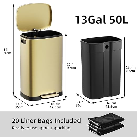 KUK 13 Gallon/50L Stainless Steel Kitchen Trash Can with Lid and Step Pedal-Large Capacity Garbage Bin with Odor Seal, Silent Close Lid, Removable Inner Bucket, Titanium Gold