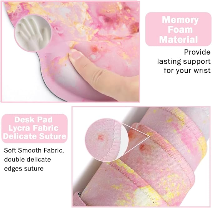 4-in-1 Gaming Mouse Pad Wrist Support Set，Desk Pad + Mouse Pad with Wrist Rest + Keyboard Wrist Rest + Coaster, Ergonomic Design for Home Office Study Game - Pink