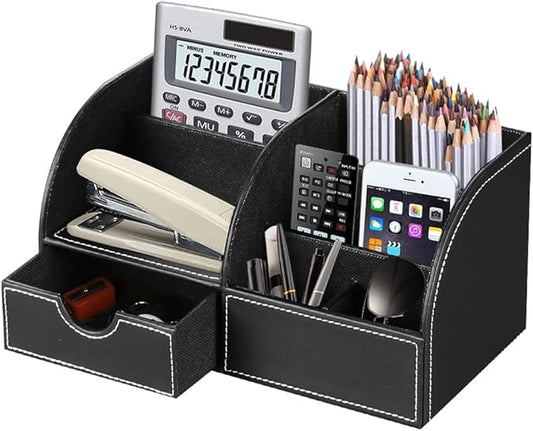 Desk Organizer, PU Leather Desktop Organizers and Accessories, Office Supplies Multi-Functional Caddy Storage with 6 Compartments and 1 Drawer, Workspace Organizer for Office Home School Classroom