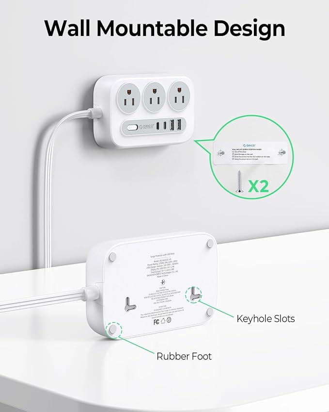 ORICO Surge Protector Power Strip, Multiple Outlets Extension Cord with 6 AC Outlets 2 USB-A and 2 USB-C Ports, 5 ft Flat Plug Power Strip, Mountable Outlet Extender for Dorm/Office/Home- OG