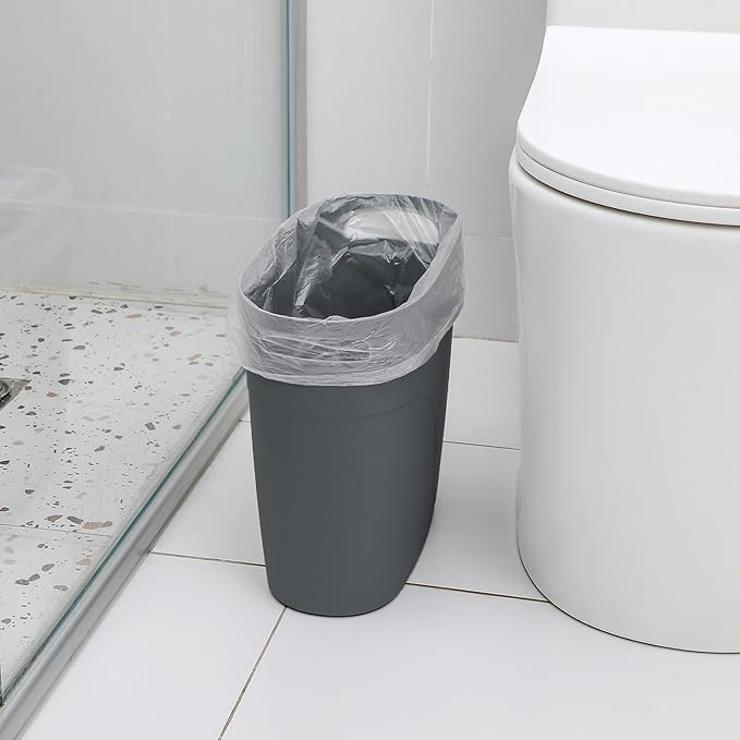 JiatuA Plastic Small Trash Can Slim Waste Basket with Handles 3.2 Gallon Narrow Garbage Container Bin for Bathroom, Bedroom, Kitchen, Home Office Under Desk, Dorm, Laundry Room, Kids Room, Dark Grey