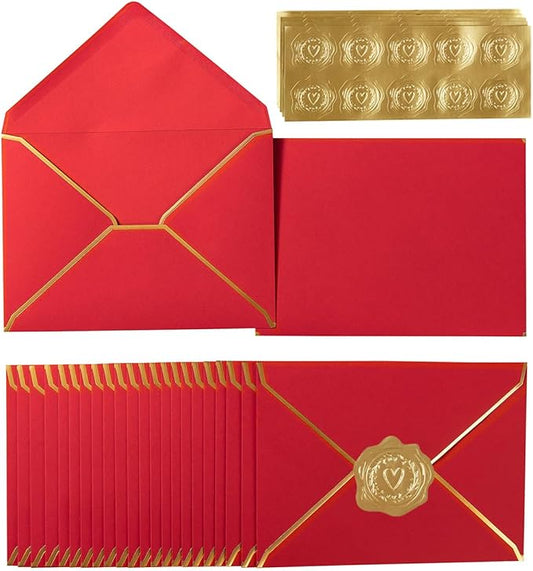 100 Pack Red A7 Envelopes 5 x 7 Card Envelopes with Gold Border for Office, Wedding Gift Cards, Invitations, Graduation, Baby Shower, Parties (5.32 x 7.28 Inches)
