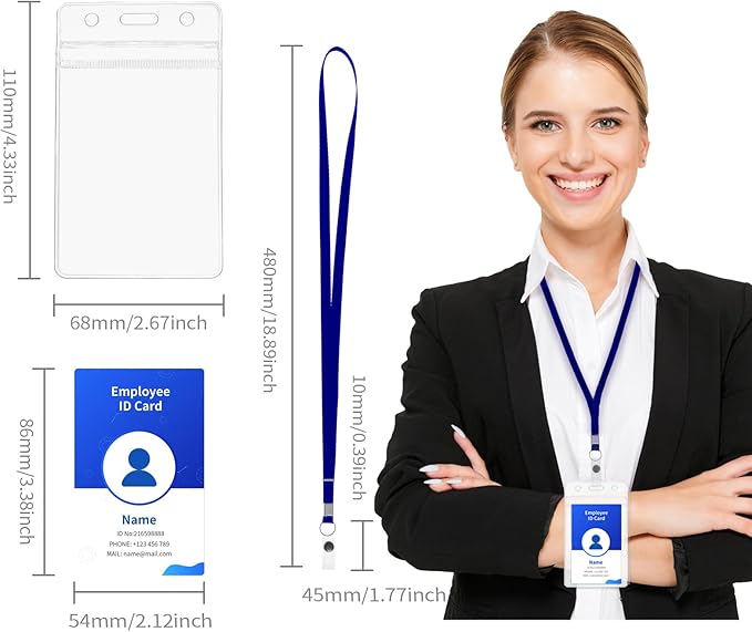 RexID 50 Pcs Vertical ID Holder Badges Name Tags,Waterproof Clear Plastic ID Card Holders with Black Lanyard (50 Pcs (Vertical), Black)