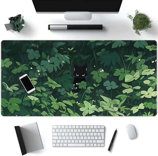 Black Cat Anime Desk Gaming Mat, XL Green & Large, 31.5x15.8in, for Women & Offices