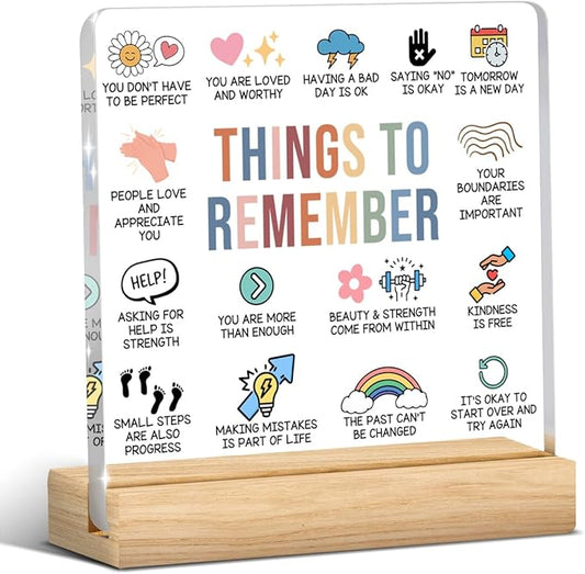 Therapy Office Decor, School Counselor Gifts, Mental Health Office Desk Decor, Gifts for Women Counselor Psychologist, Things to Remember Acrylic Sign with Wooden Stand for Halloween Christmas Gift