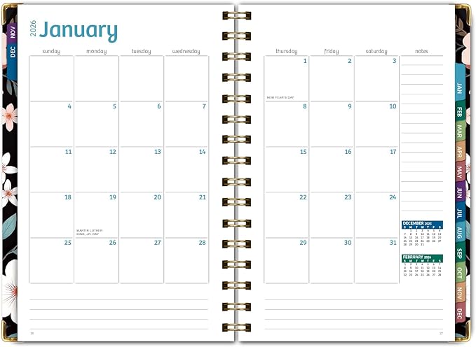 HARDCOVER 2026 Planner, 5.5"x8": 14 Months (November 2025 - December 2026), Daily Weekly Monthly Planner, Yearly Agenda, Bookmark, Pocket Folder and Sticky Note Set (Black Floral Pink)