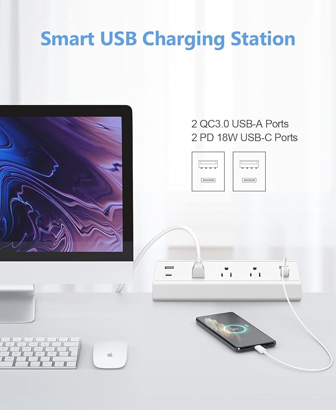 Jgstkcity Desk Clamp Power Strip,40W Total Fast Charging Station,2 PD 20W USB C Ports,Desk Edge Mount Surge Protector for Home, Office,3 Outlets,Fit 1.96" Tabletop Edge,ETL Listed,White