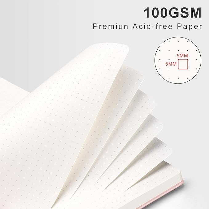 AHGXG Bullet Dotted Journal, Large B5 Spiral Notebook Dotted Notebook 140 Pages, Leather Hardcover, 100 GSM Thick Dot Grid Paper, Inner Pocket, for Bullet Journaling, 7.6" x 10", Rose Gold