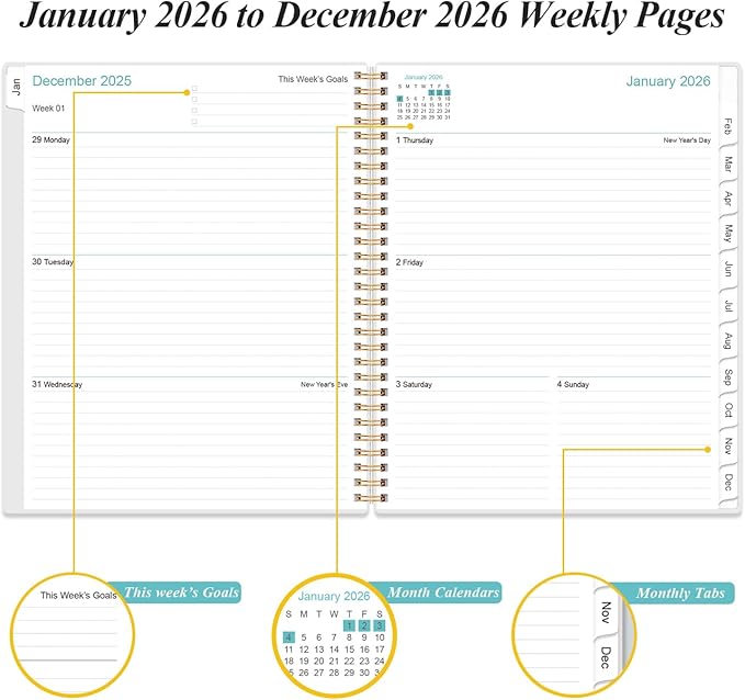 2026 Planner - Planner 2026 from January 2026 to December 2026 with 12 Monthly Tabs, Flexible Cover, Inner Pocket, 8.5" x 11", Teal Flowers