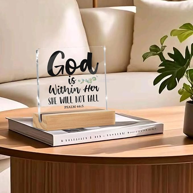 God is within Her Bible Verse Christian Gifts for Women Men Coworkers Friends, Motivational Quotes Psalm 46 : 5 Desk Decor Acrylic Sign 4x4 Inch, Positive Affirmations Desk Accessories Signs