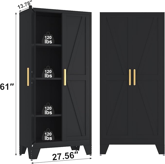 61H Metal Storage Cabinet with 2 Doors and 4 Shelves,Farmhouse Storage Cabinet with Barn Doors,Pantry Storage for Home,Office,Bathroom,Dining Room,Kitchen(Black)