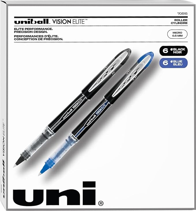Uniball Vision Elite Pens, 0.5mm Fine Point Rollerball Micro Tip, 12 Pack; 6 Black & 6 Blue