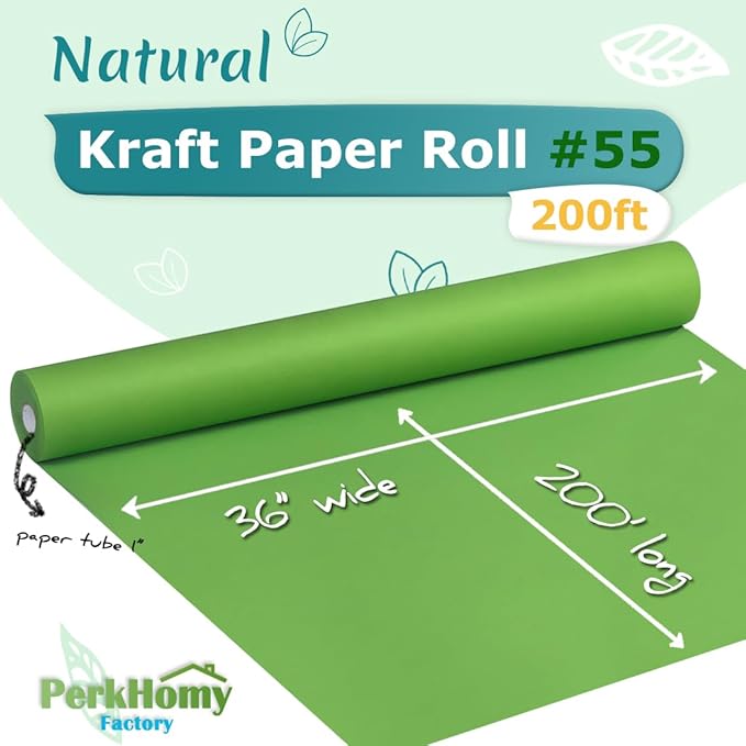 PerkHomy 36" x 2,400" (200') Medium Green Kraft Paper Roll for Craft Bulletin Board Paper Art Table Covering Crafting Gift Wrapping Bouquet Packing Parcel 80GSM 55LB (Medium Green, 36" x 200')