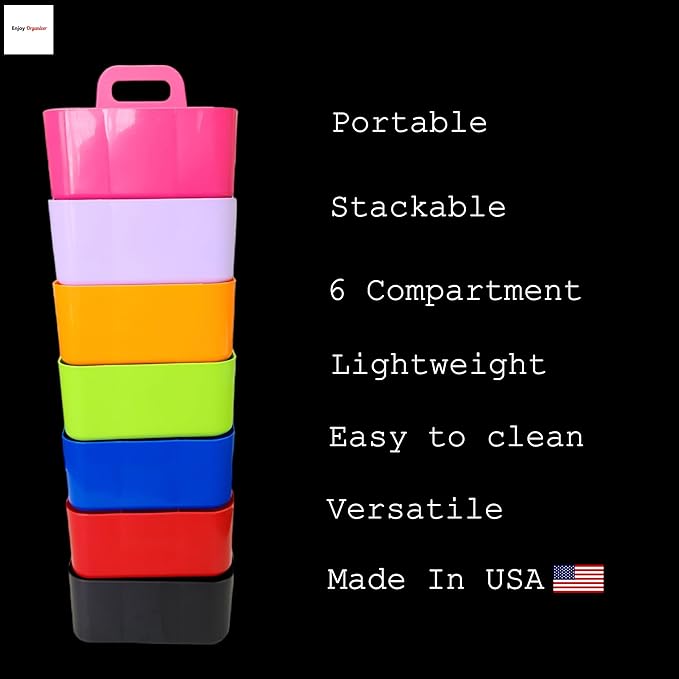 2 Pack Small 6 Compartment Multiuse Caddy Organizer with Handle Art Craft Supplies, Office, Desk, Stationery Pen Holder Stackable- Made In USA (Black/Ivory)