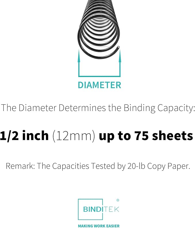 Binditek 30 Pack Metal Spiral Binding Coils, 12mm (1/2"), 75 Sheet Capacity, 4:1 Pitch, Black, 48 Loops for Letter Size, for Students and Coworkers