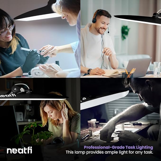 Neatfi XL 2,200 Lumens LED Task Lamp, 20W, 182 Pcs SMD LED, Dimmable, 4 Level Brightness, 3 Light Modes, Desk Light for Home, Office, Workbench (CCT, Black)